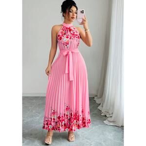 DRESS: Pink & Floral Print Sleeveless Pleaded Dress w/Choker Neck Collar, NWOT